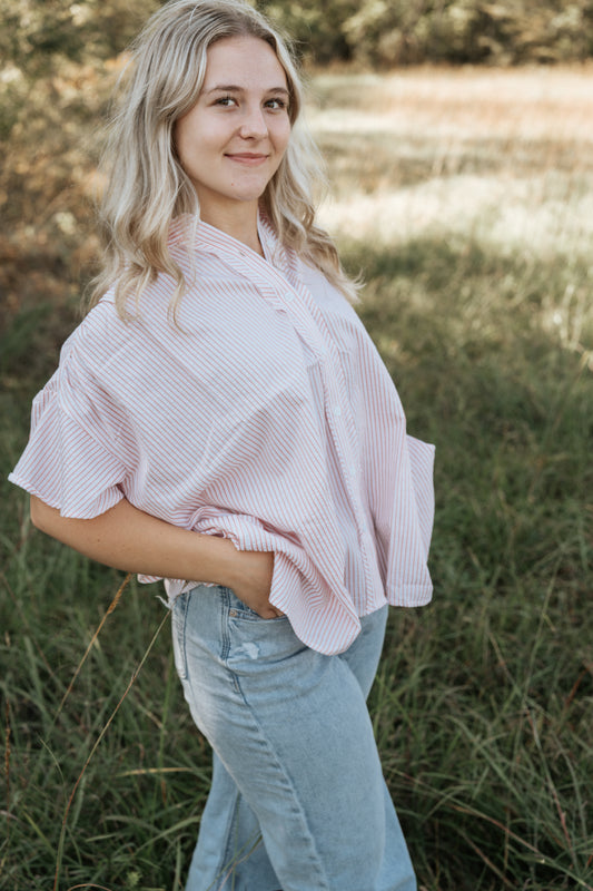 Blush Stripe Flutter Button Top