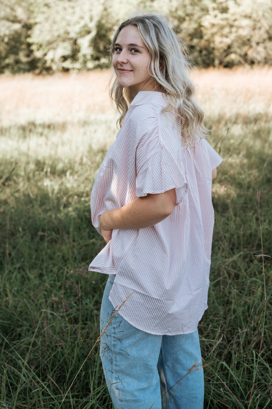 Blush Stripe Flutter Button Top