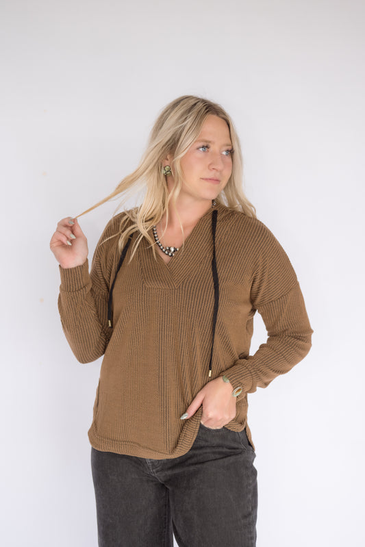 Mocha Ribbed Hooded Pullover
